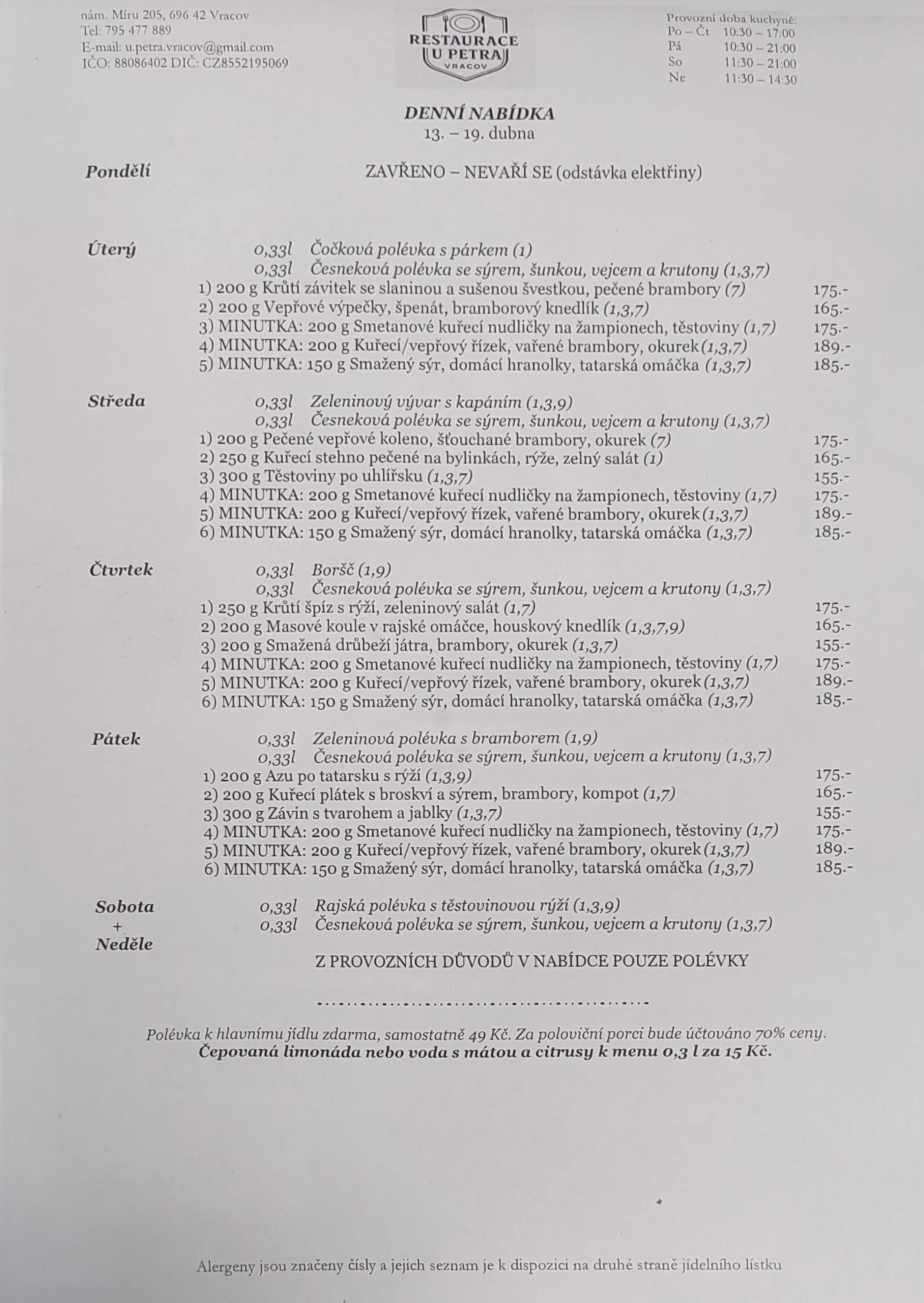 Denní menu restaurace U Petra